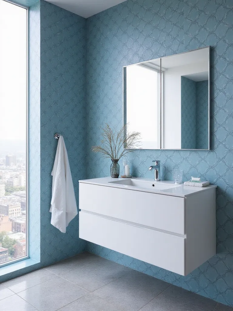 Sleek modern bathroom with contemporary blue wallpaper and minimalist fixtures.