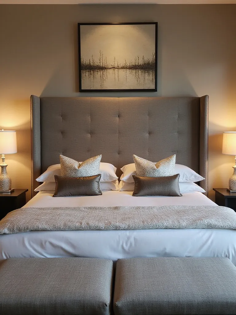 A cozy bedroom with a dramatic headboard as the focal point, well-lit and inviting.