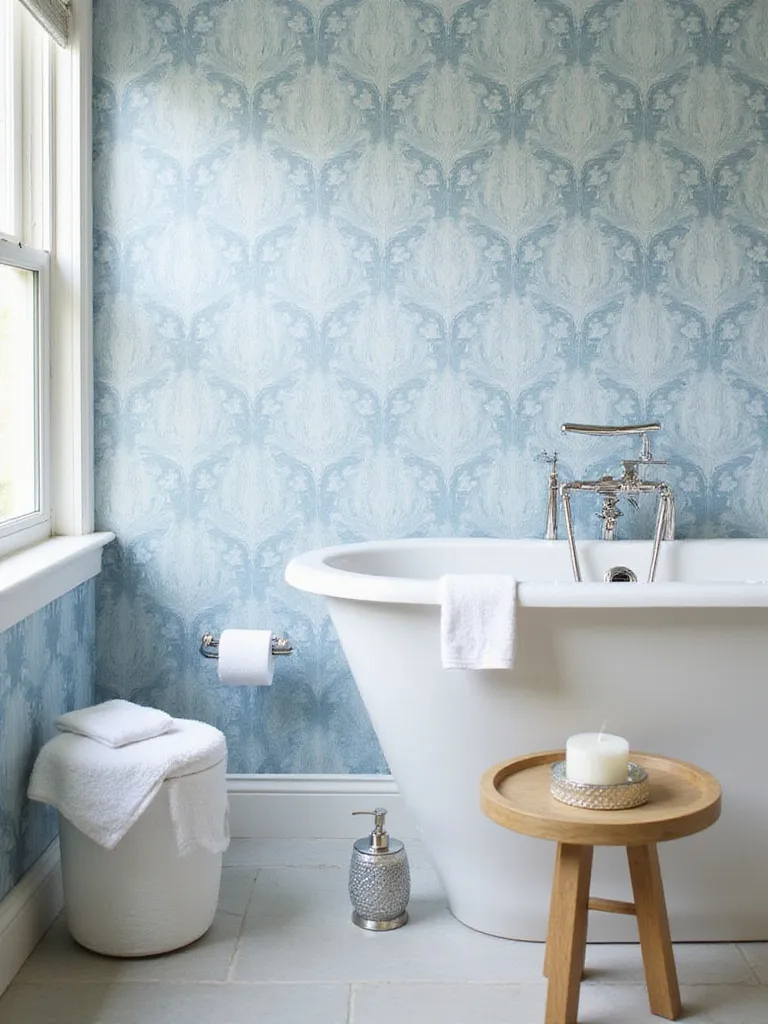 Bathroom featuring Elevate Blue Wallpaper with stylish complementary accessories