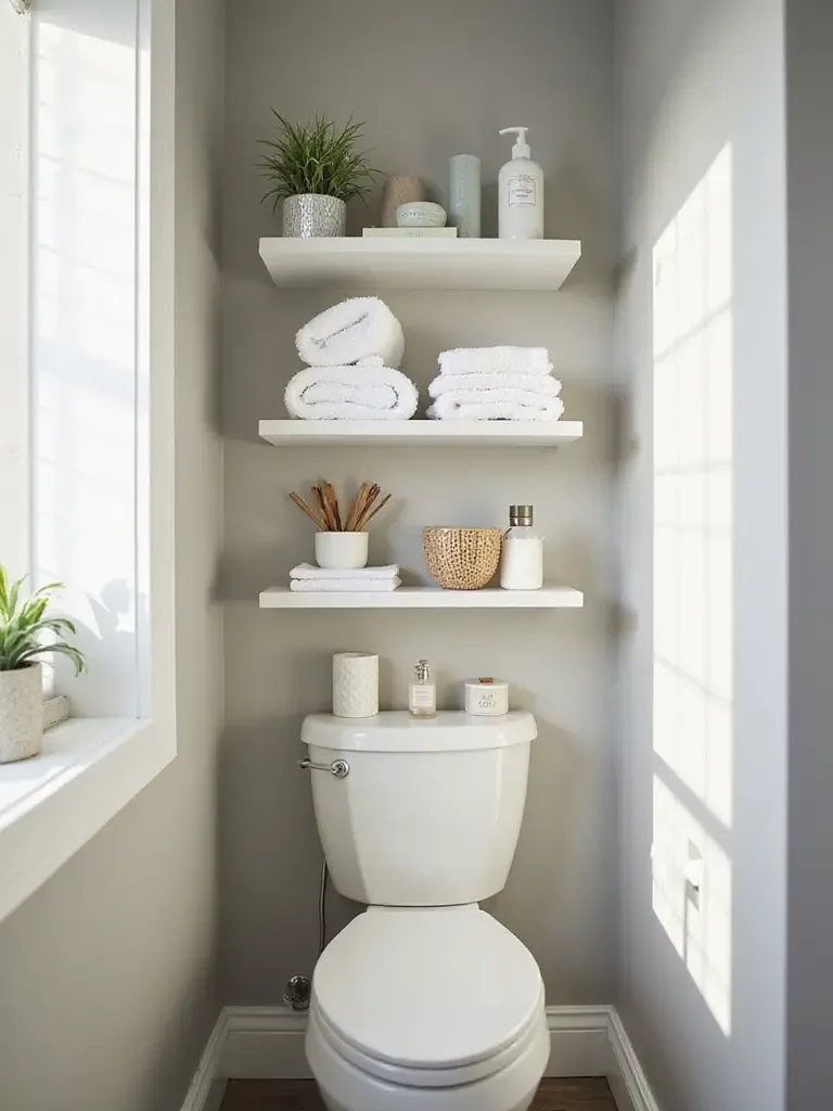 No-drill over-toilet shelf with organized bathroom essentials.