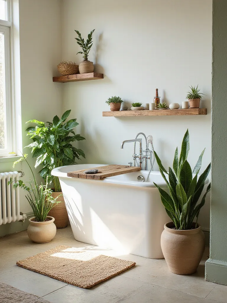 Boho Chic bathroom decor with natural textures and greenery