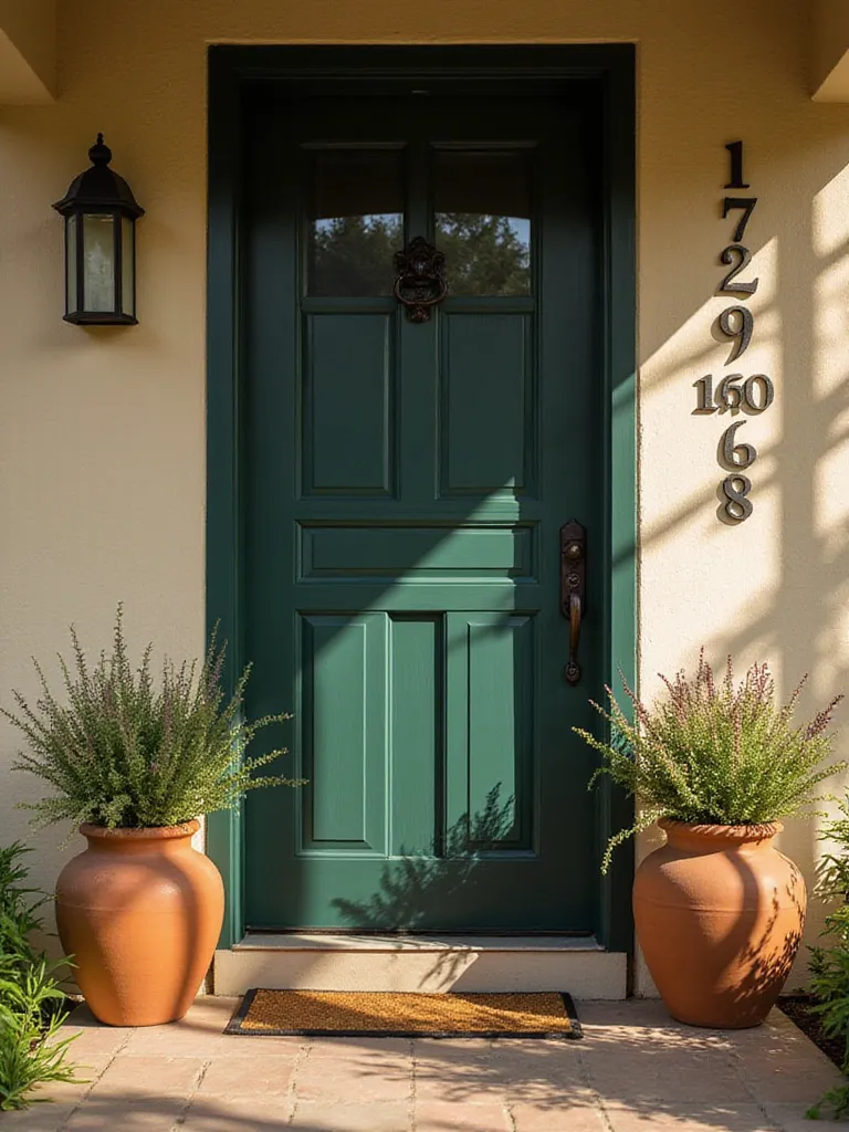 A beautifully decorated front door with a forest green door, custom house numbers, and vibrant planters.