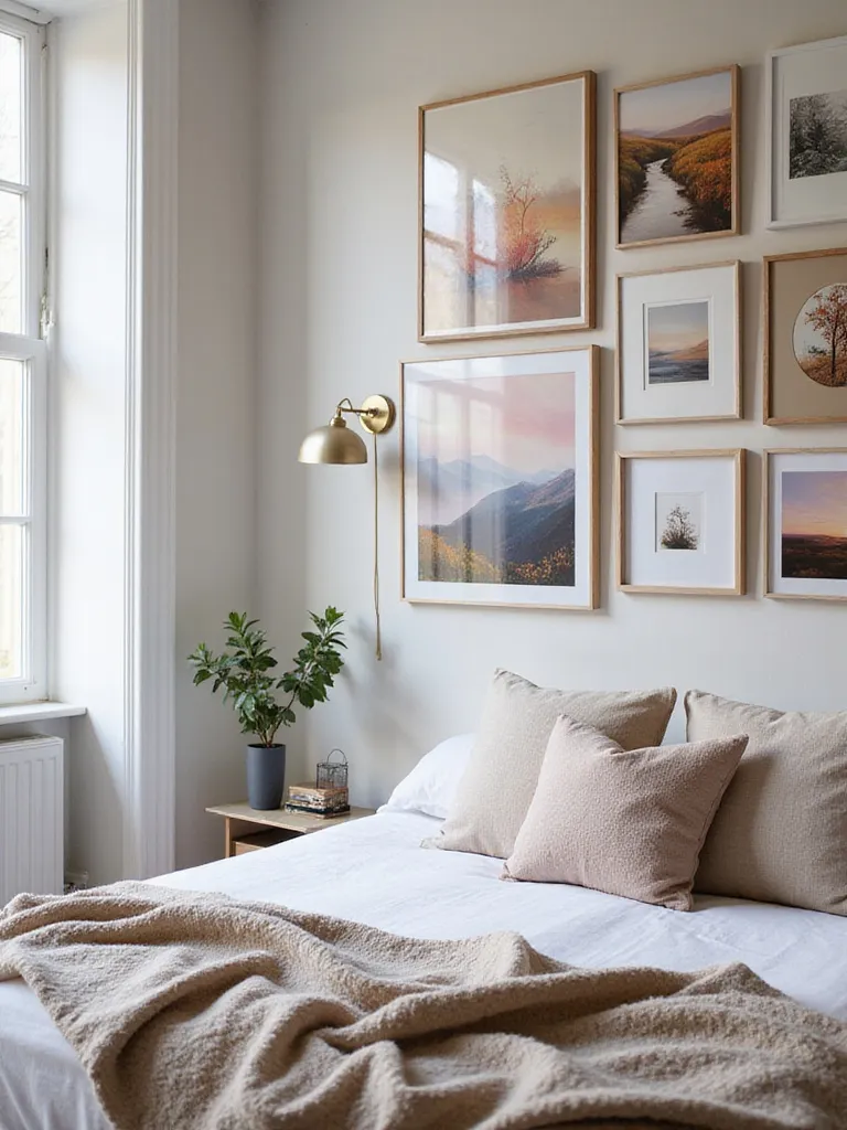 Stylish bedroom with a gallery wall of diverse wall art