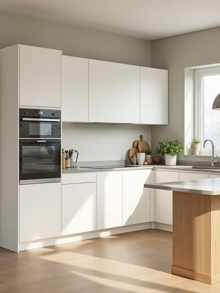 A unified kitchen design showcasing harmonized color schemes with white cabinets, light oak island, and soft gray counters.