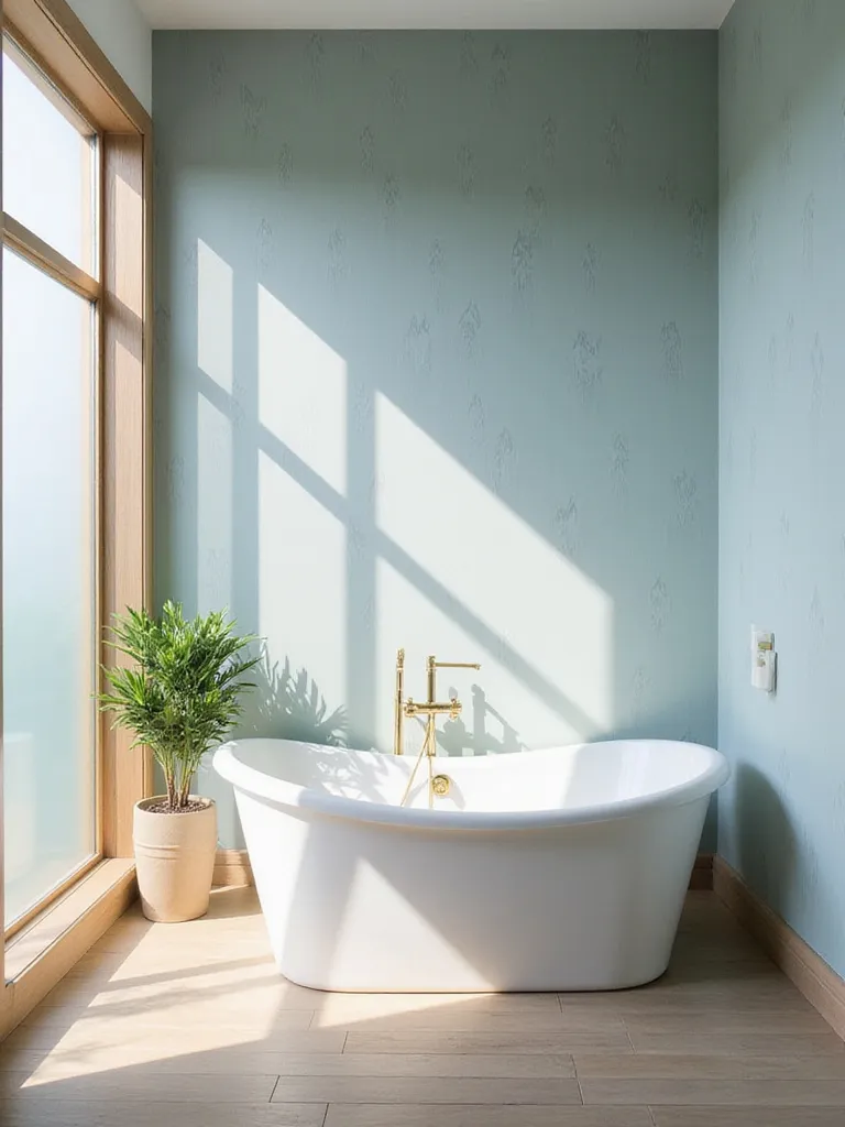 A calming bathroom with soft blue wallpaper, a freestanding bathtub, and natural light.