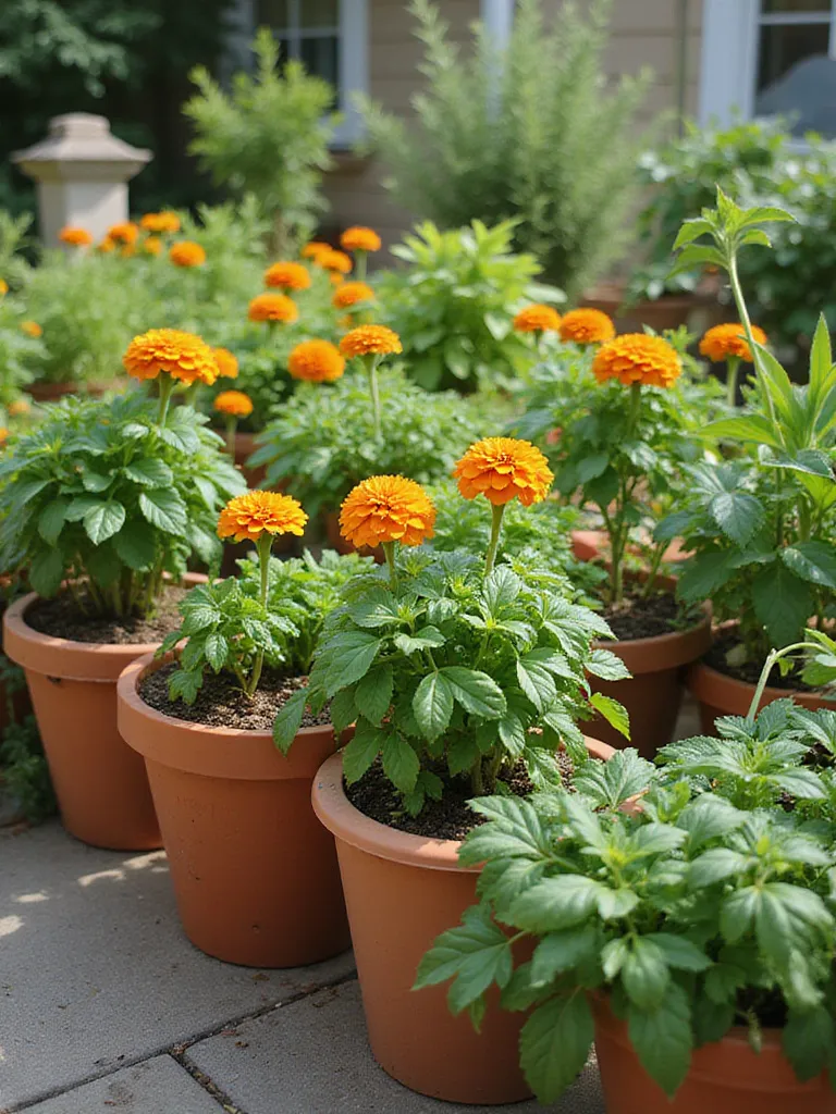 Vibrant patio garden featuring companion plants like marigolds and tomatoes in colorful containers.