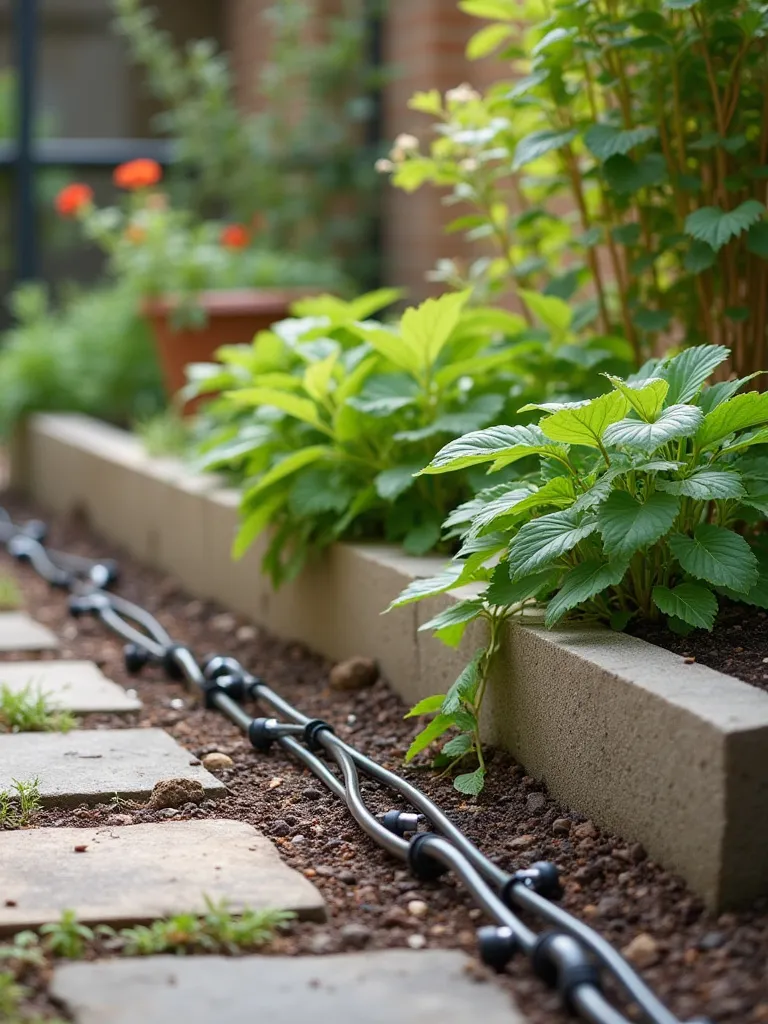 Drip irrigation system in a vibrant patio garden with various container plants and raised beds.