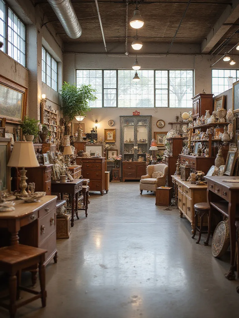 Interior view of a thrift store filled with unique furniture and decor items.