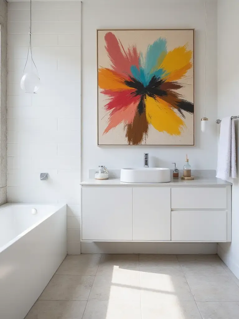 Modern bathroom with bold abstract artwork on the wall