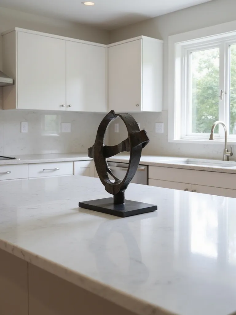 Modern kitchen island with dark bronze abstract sculpture on white quartz