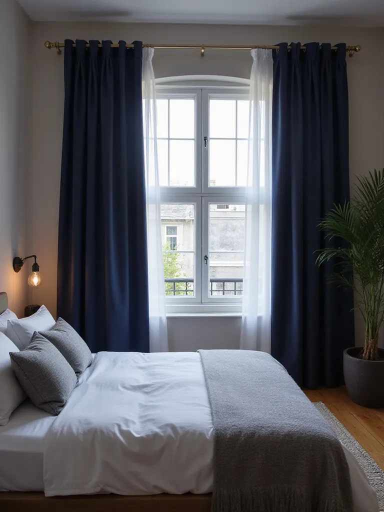 Cozy apartment bedroom with blackout curtains blocking light