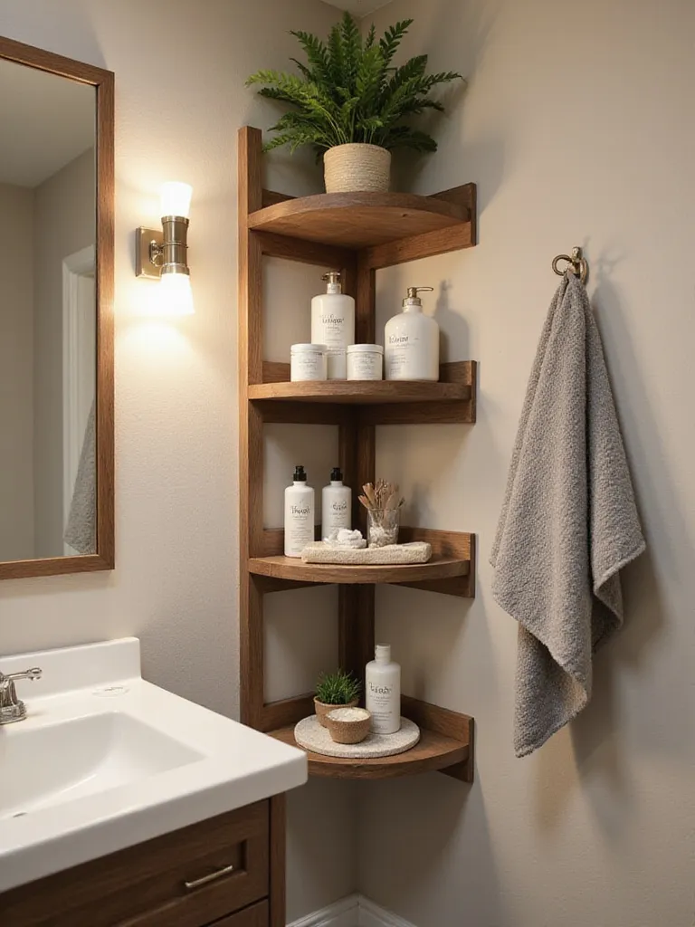 Modern bathroom corner with stylish corner shelving units filled with toiletries and decorations