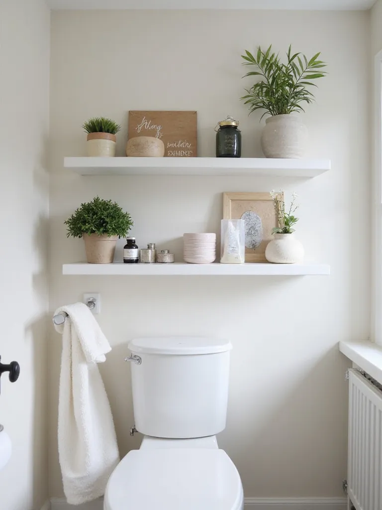 Small bathroom with floating shelves displaying organized toiletries and decorative items