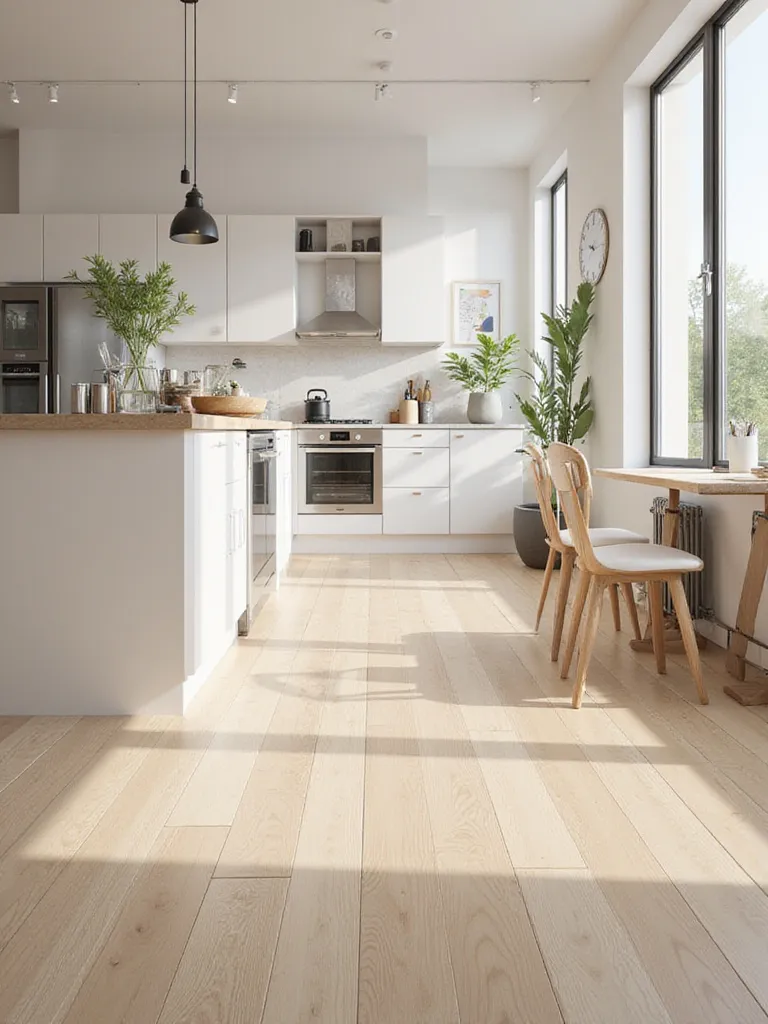 Scandinavian kitchen with light wood flooring, bright and airy atmosphere
