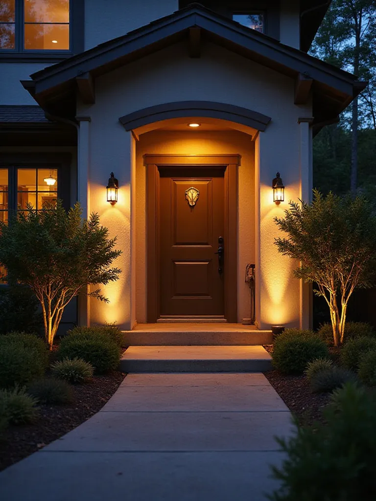Smart lighting illuminating a stylish front door area at dusk