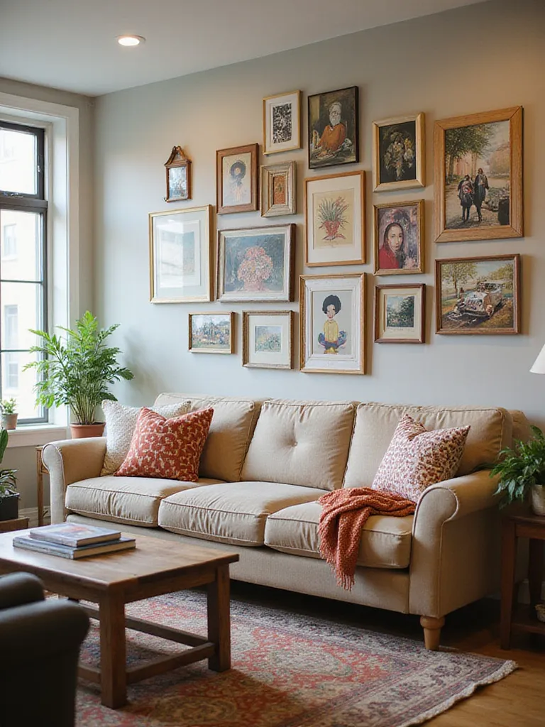 A gallery wall with personal art and photographs in a stylish living room