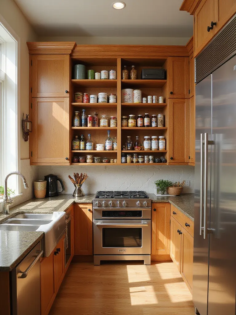 A modern kitchen with a built-in pantry showcasing organized shelves filled with food and appliances.