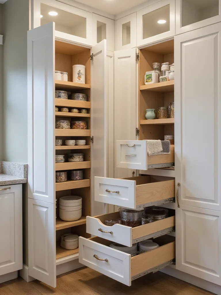 Modern kitchen with smart storage solutions in cabinetry, showcasing organized pull-out systems and dividers.