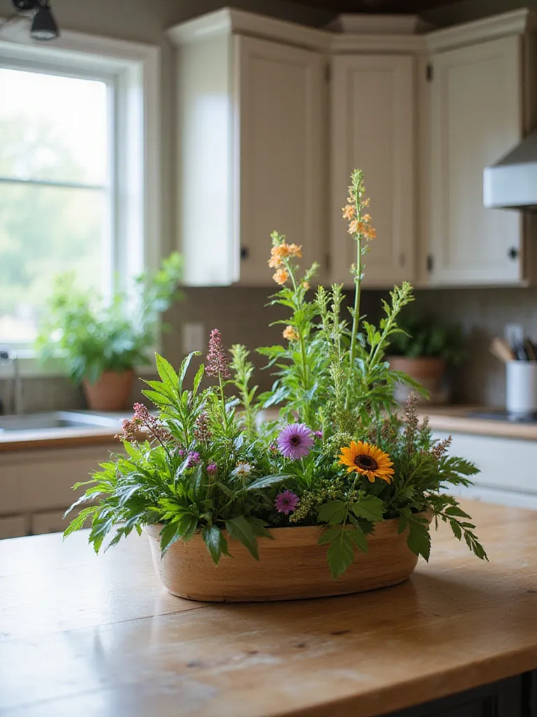 Kitchen island decorated with fresh greenery and vibrant flowers in a well-lit setting