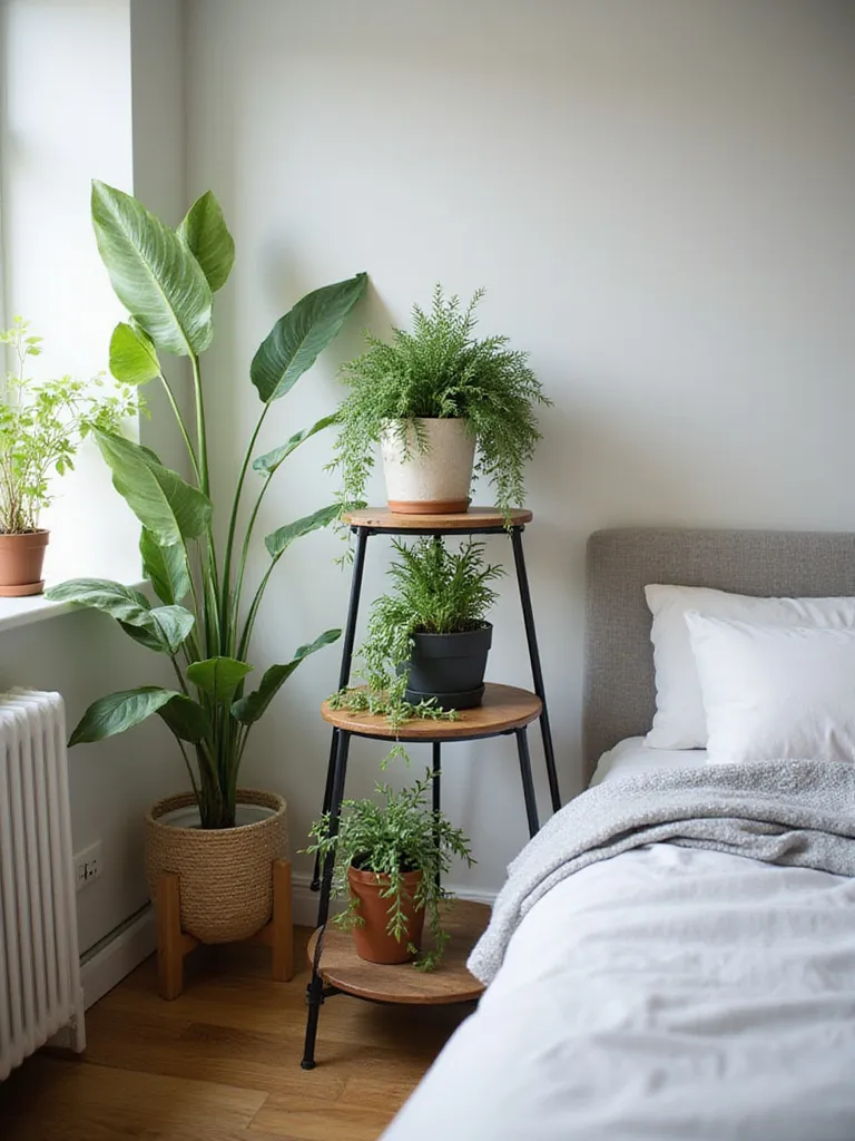 Cozy apartment bedroom with low-maintenance indoor plants on a tiered stand.