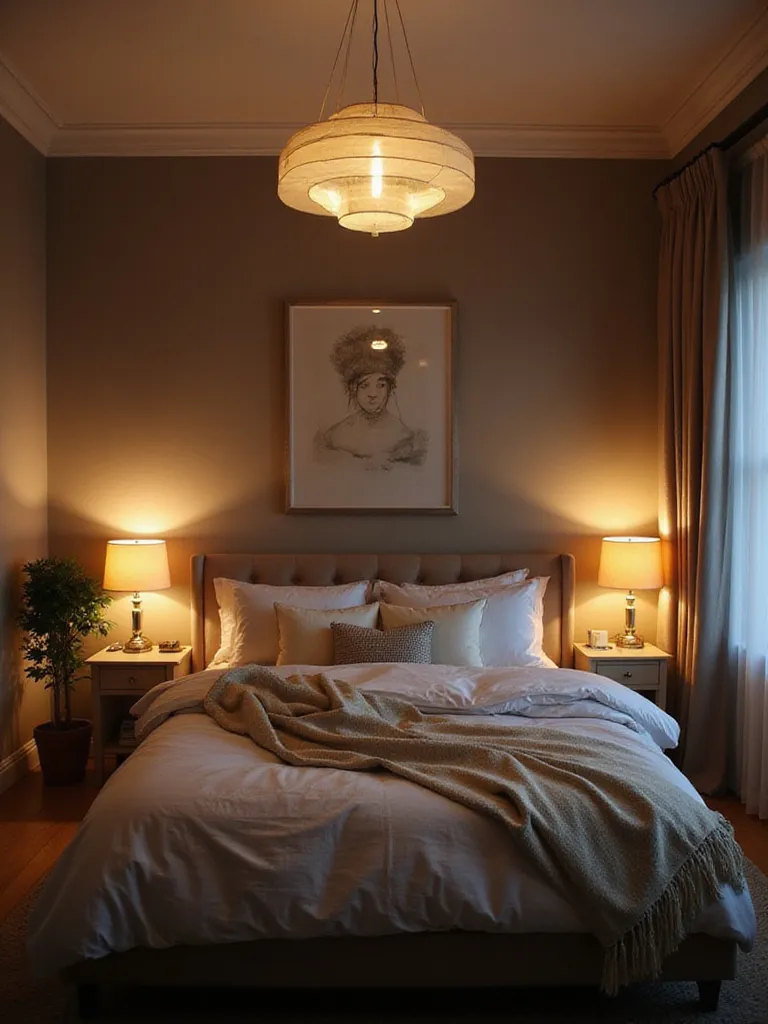 A beautifully decorated bedroom featuring layered lighting with a central pendant light, bedside lamps, and accent lighting.