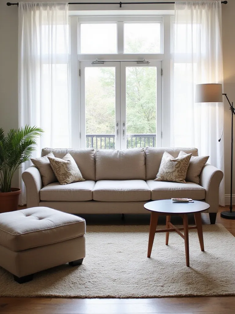 Living room featuring multi-functional furniture for small spaces, including a sofa bed and storage ottoman.