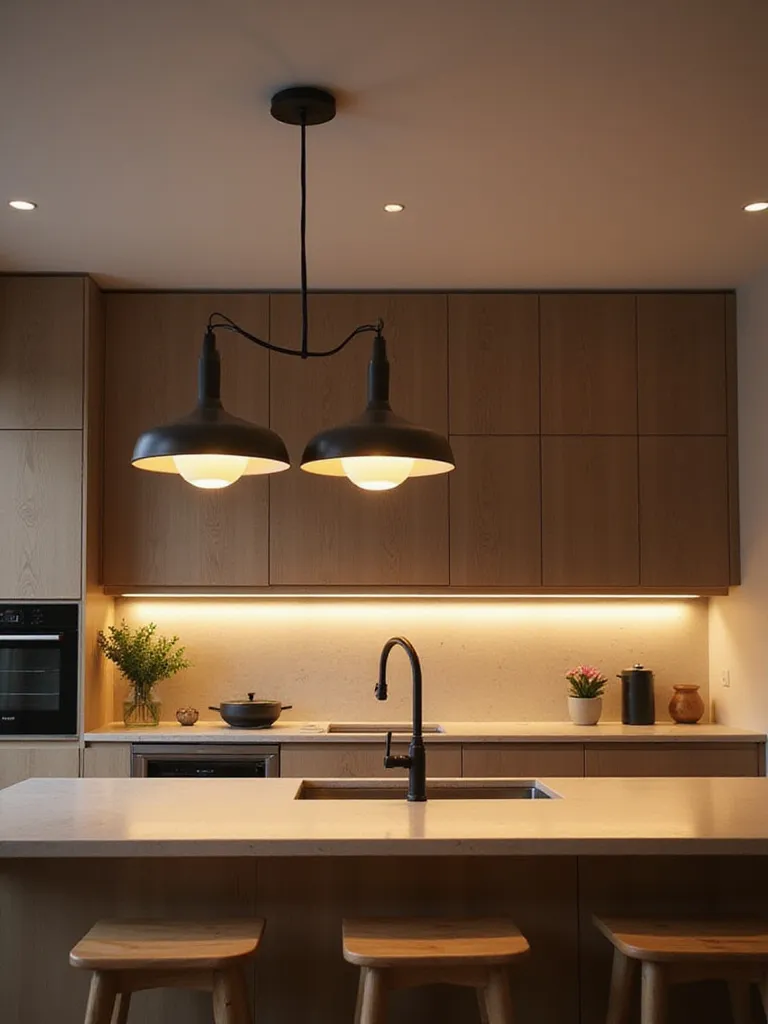 Scandinavian kitchen with layered lighting fixtures including ambient, task, and accent lights.