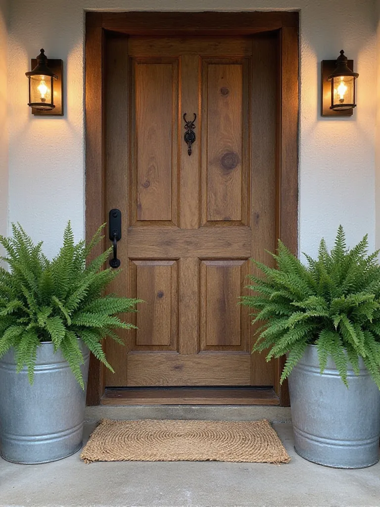 Front door with layered textures including wood, metal, and textiles for a warm and inviting look