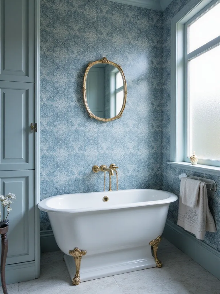 Elegant blue bathroom wallpaper with stylish decor