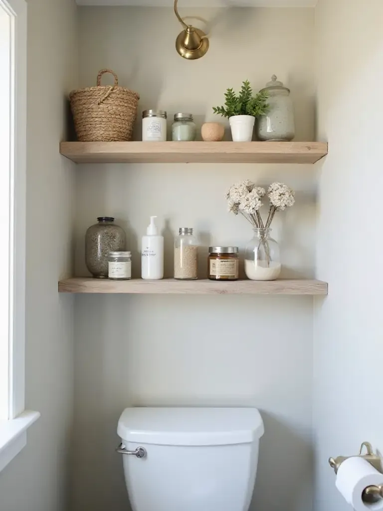 Organized bathroom shelf over toilet with decorative items and cleaning supplies