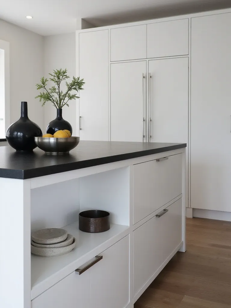 Kitchen island decorated in a modern minimalist style matching the overall kitchen design.