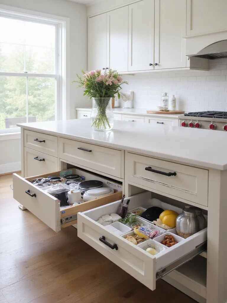 A modern kitchen island with hidden storage solutions and a clutter-free design.