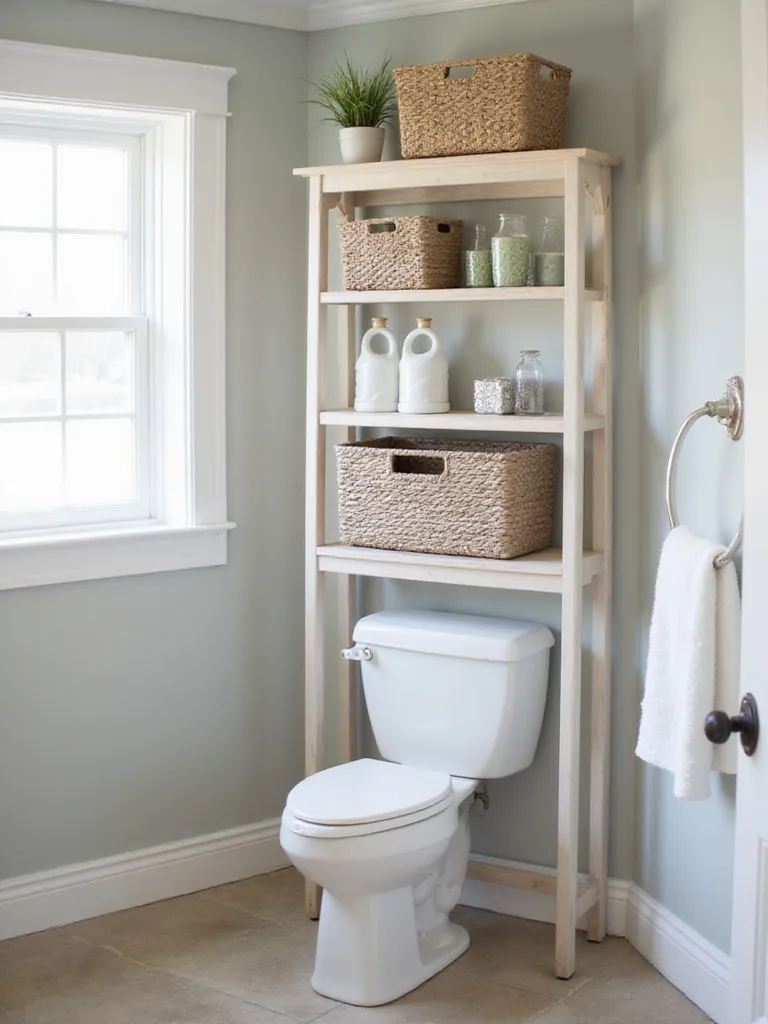 Organized bathroom with an over-the-toilet storage unit displaying toiletries and baskets