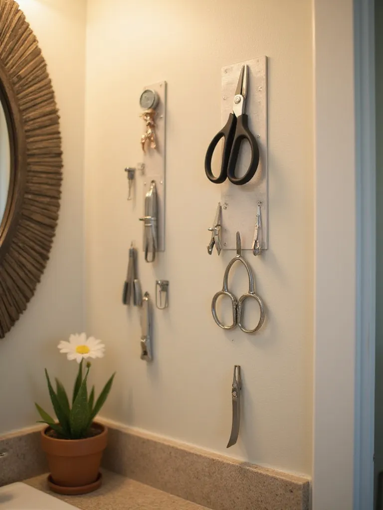 Professional photo of mounted magnetic strips in a bathroom, displaying organized metal tools.
