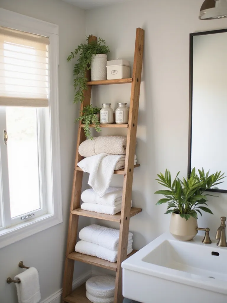 Stylish bathroom with ladder shelves filled with towels and plants