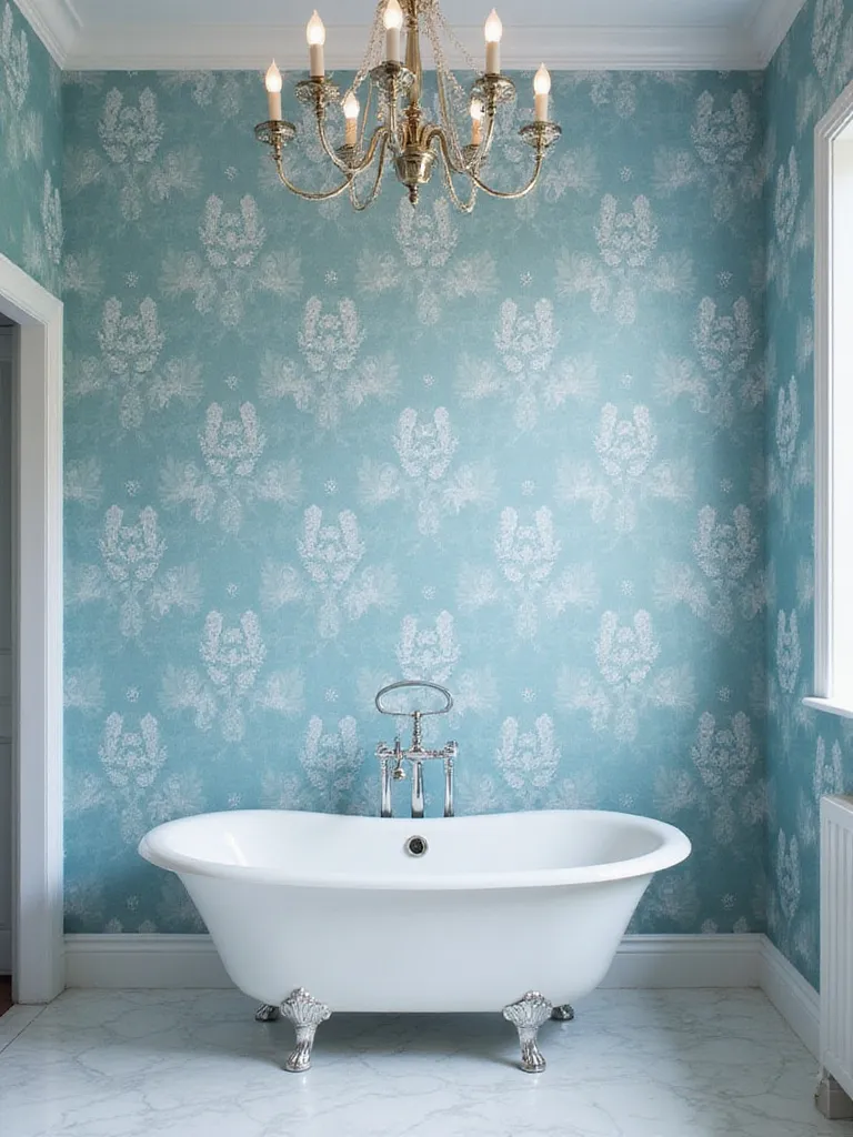 Elegant bathroom with blue floral wallpaper, showcasing design and decor.