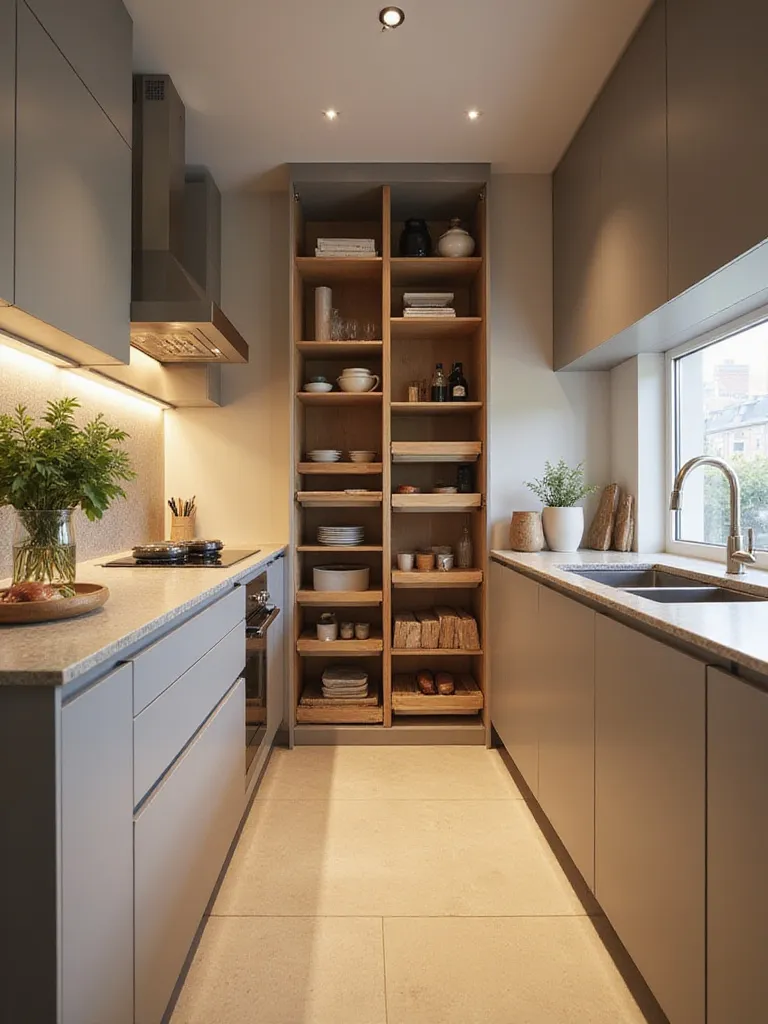Modern kitchen with optimized layout, showcasing smart storage solutions and functional design.