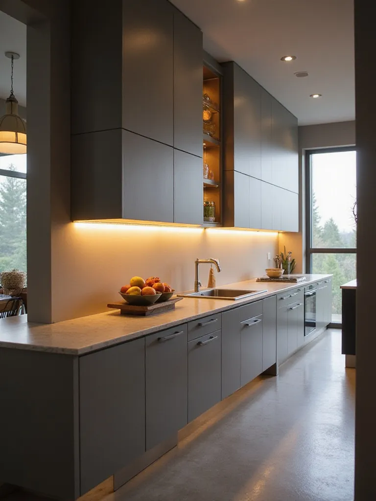 Modern kitchen with integrated lighting in furniture design.