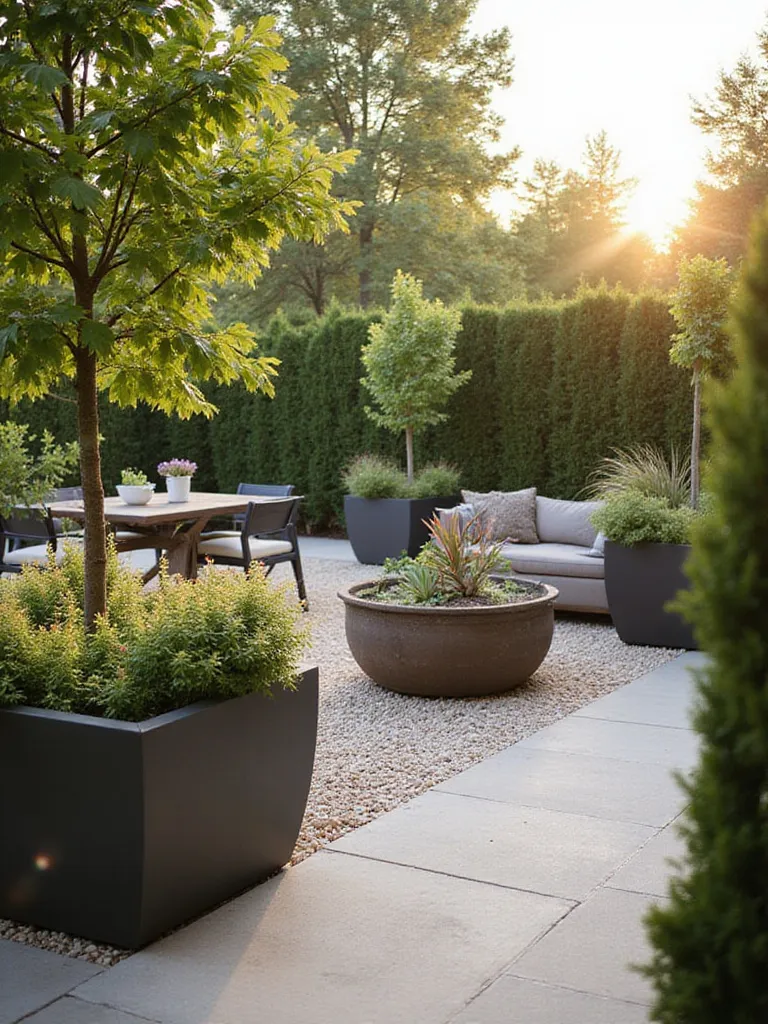 Organized patio layout with planters defining distinct zones for dining and lounging areas.