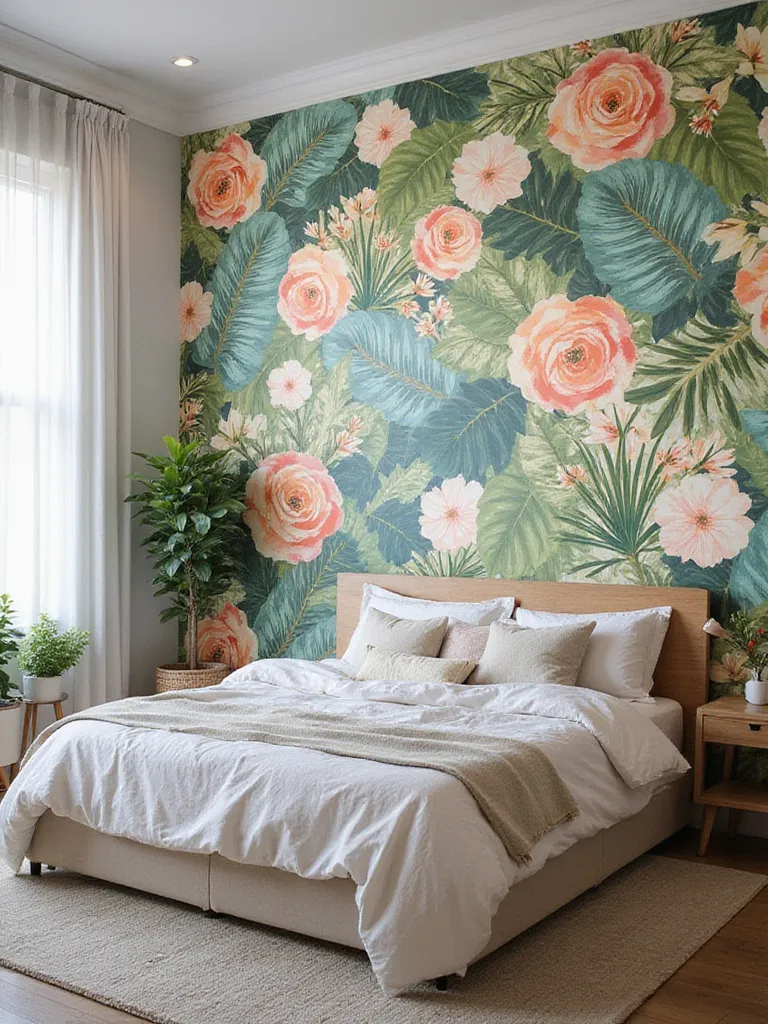 Stylish bedroom with removable peel-and-stick wallpaper featuring a botanical pattern.