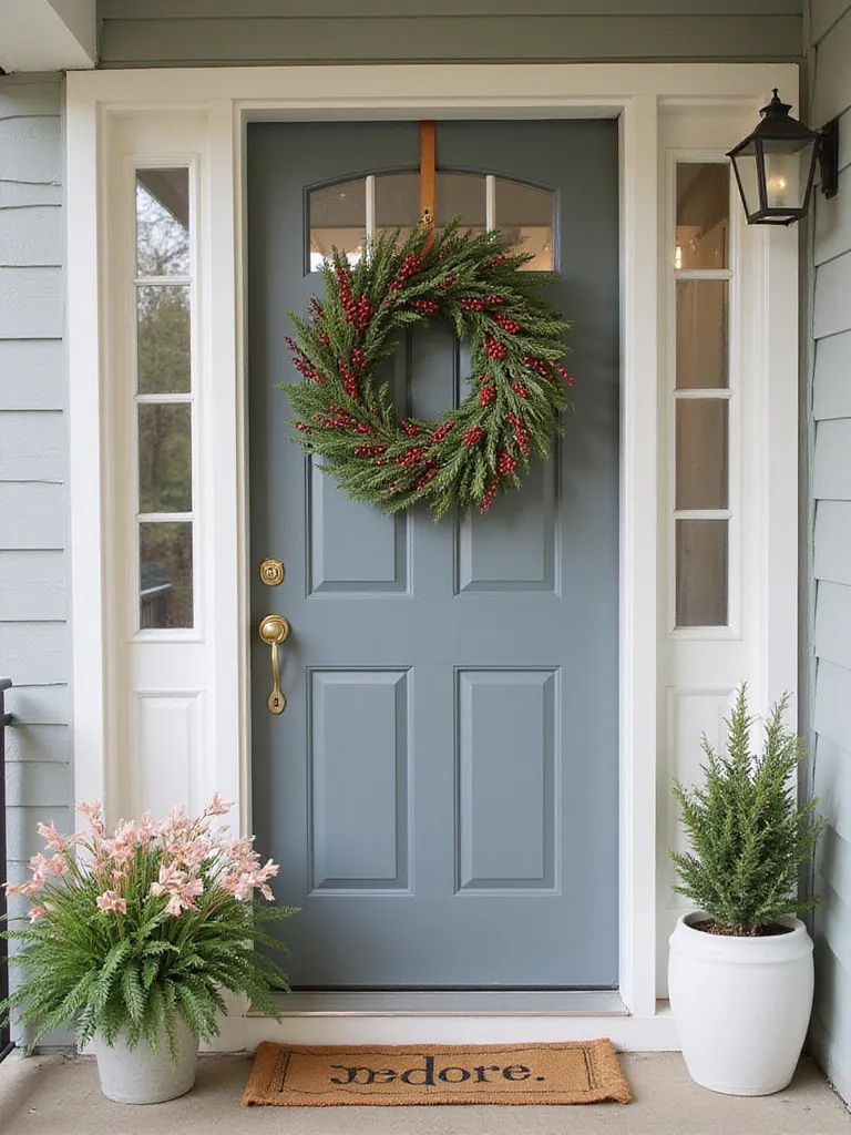 A well-decorated front door scene showcasing seasonal decor transitions.