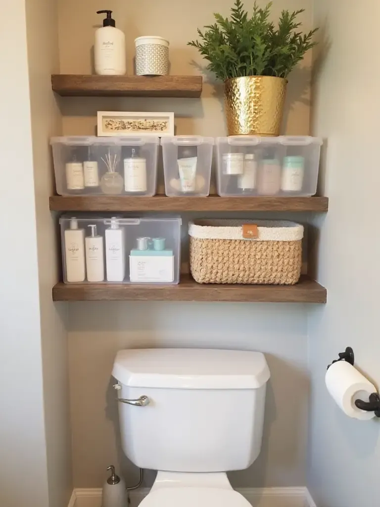 Organized bathroom shelf over toilet with clear bins and decorative baskets