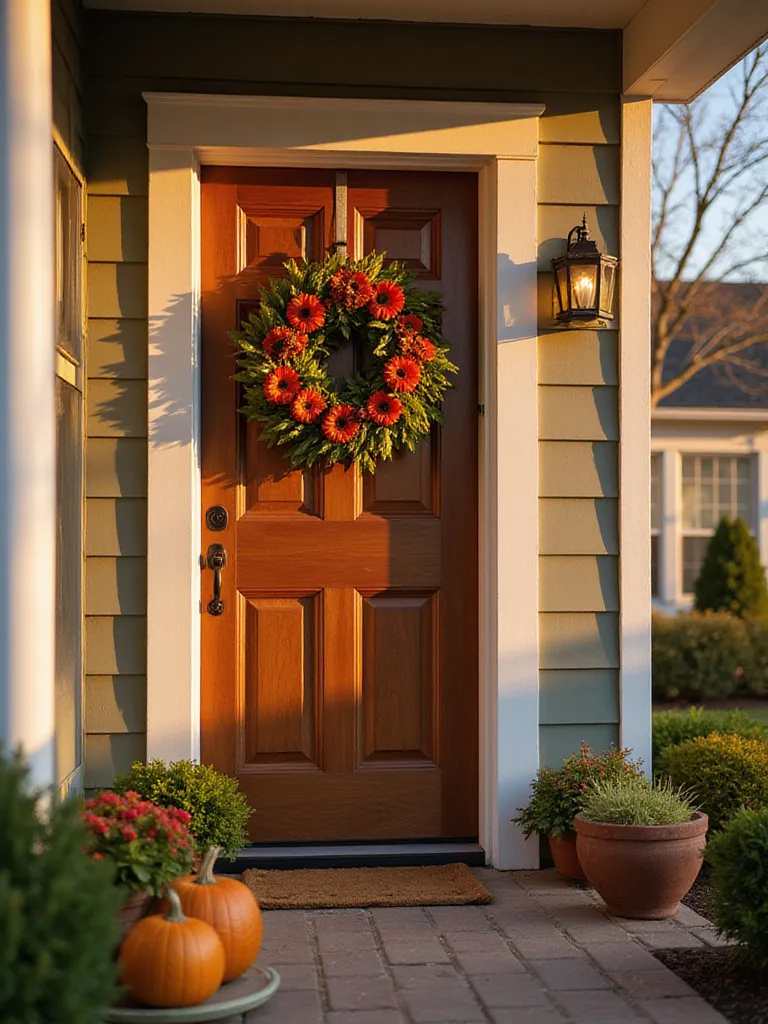 A beautifully decorated front door with a weather-resistant wreath under warm golden hour lighting.