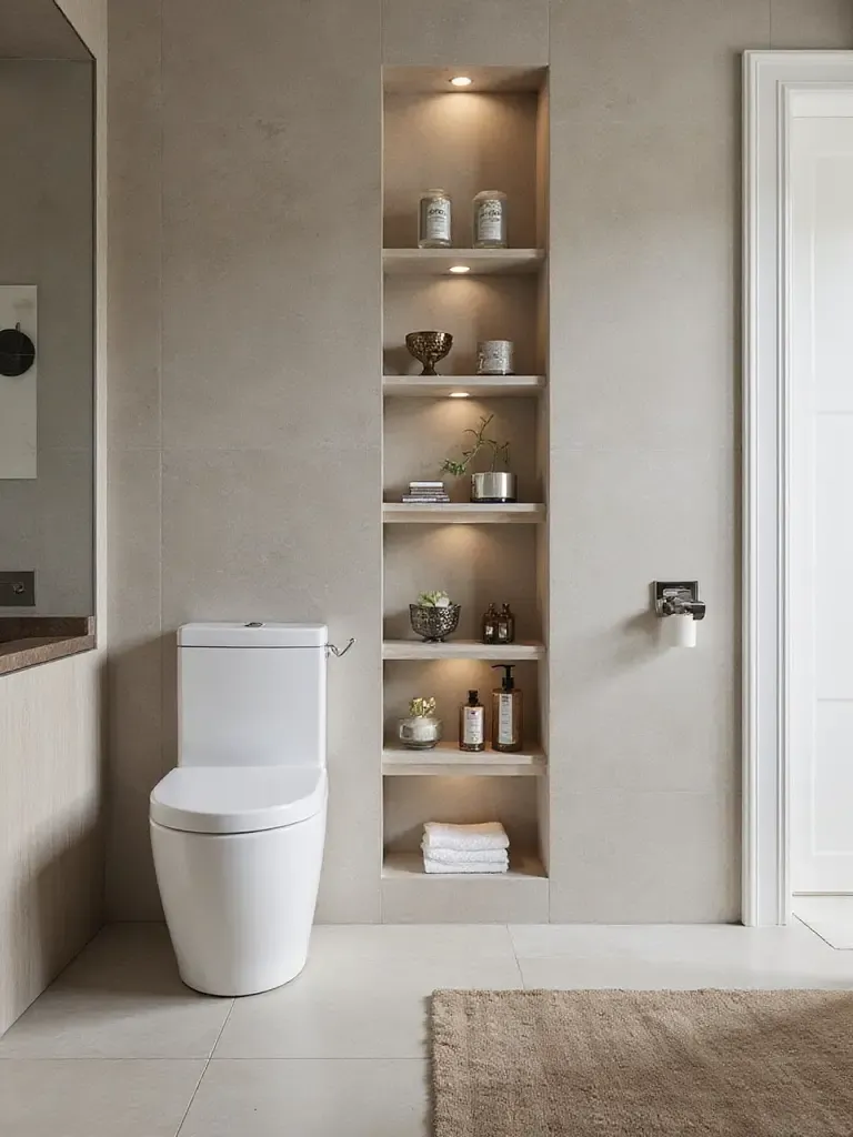 Modern bathroom with recessed niche shelves filled with toiletries