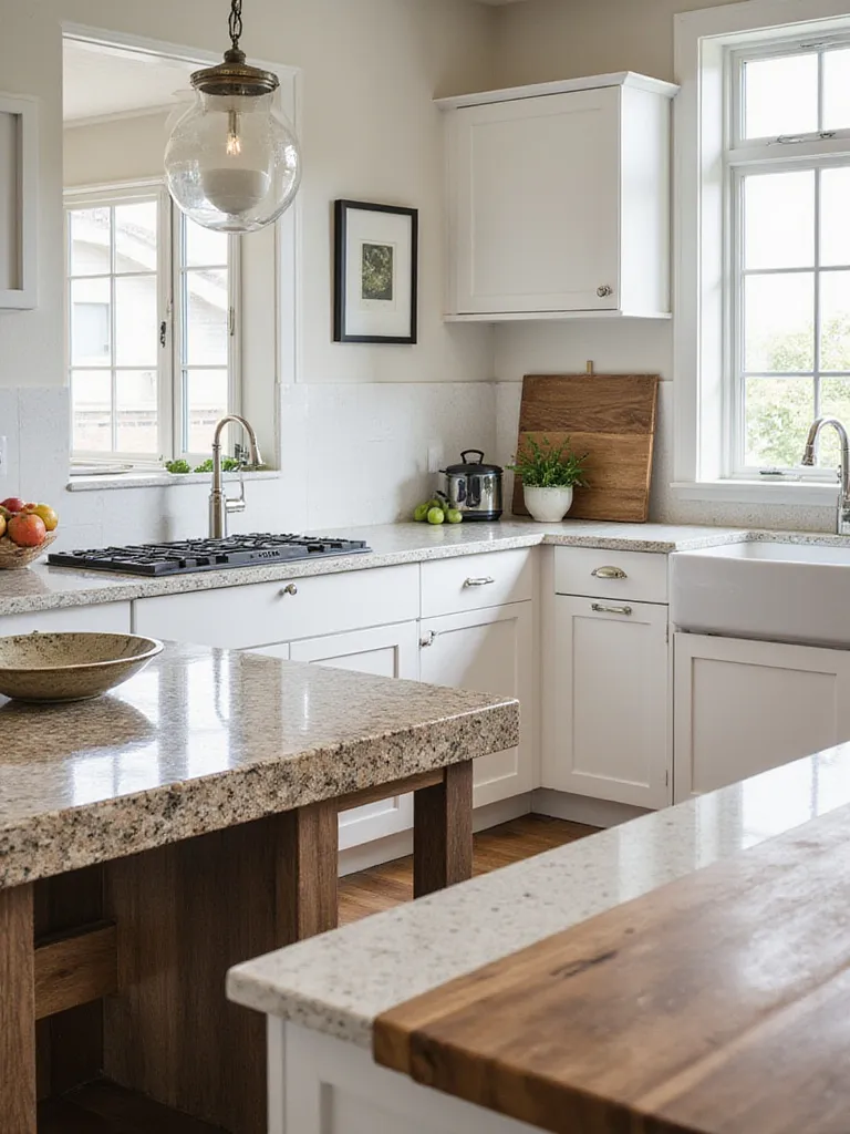 A variety of countertop materials including quartz, granite, and butcher block displayed in a modern kitchen setting.