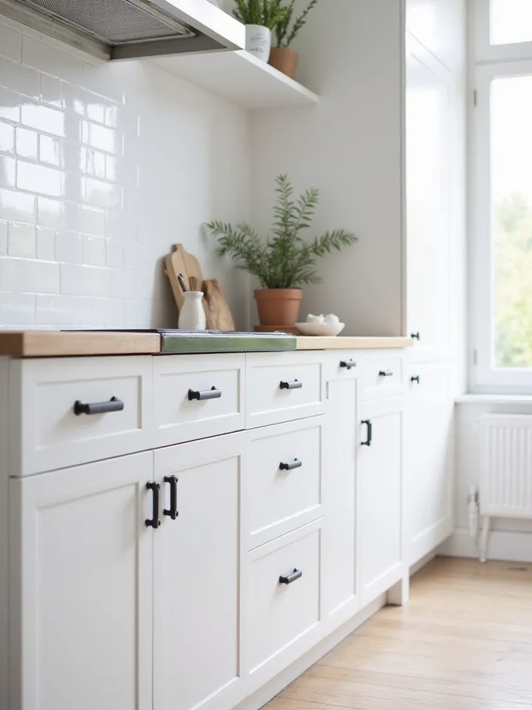 Scandinavian kitchen with white cabinetry and black hardware