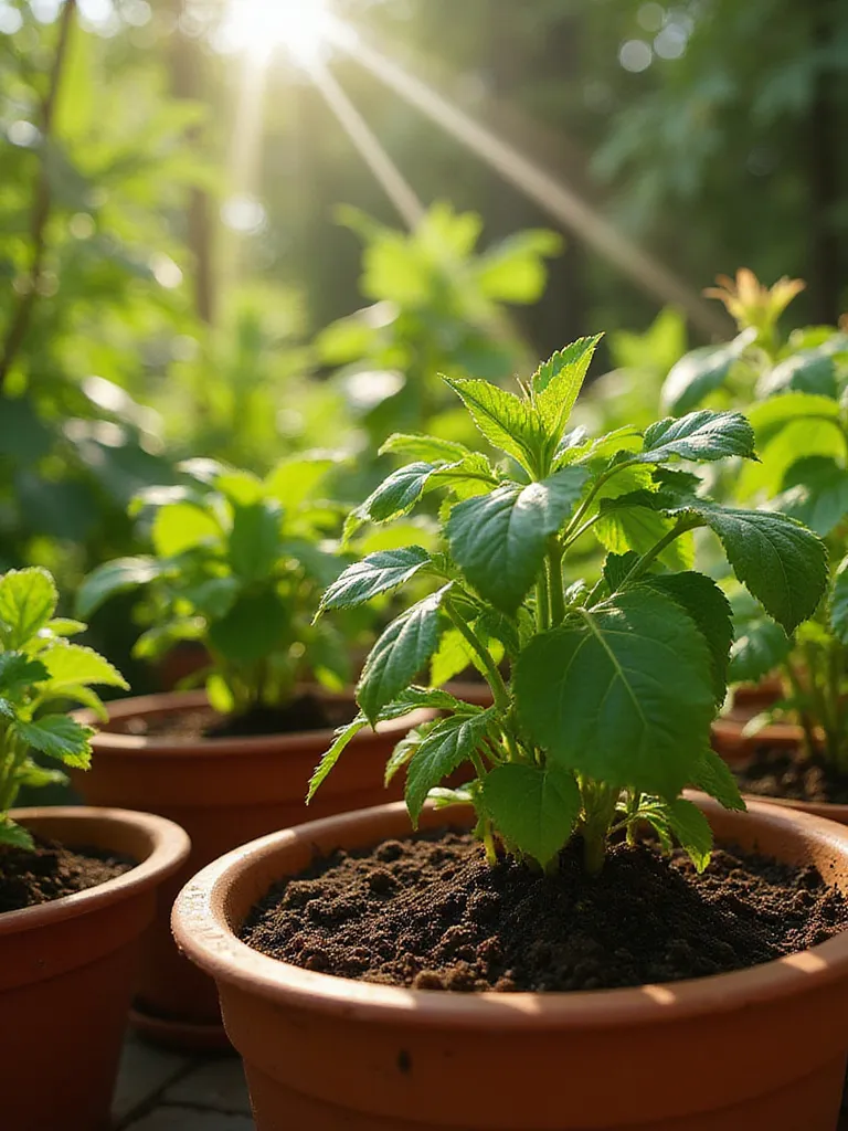Vibrant patio garden with healthy potted plants showcasing quality potting mix