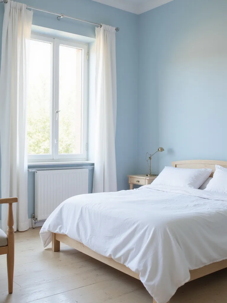 A calming color palette in a serene bedroom with soft blue walls and white linens.