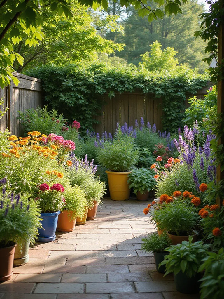 Lush patio garden filled with native flowering plants attracting pollinators.