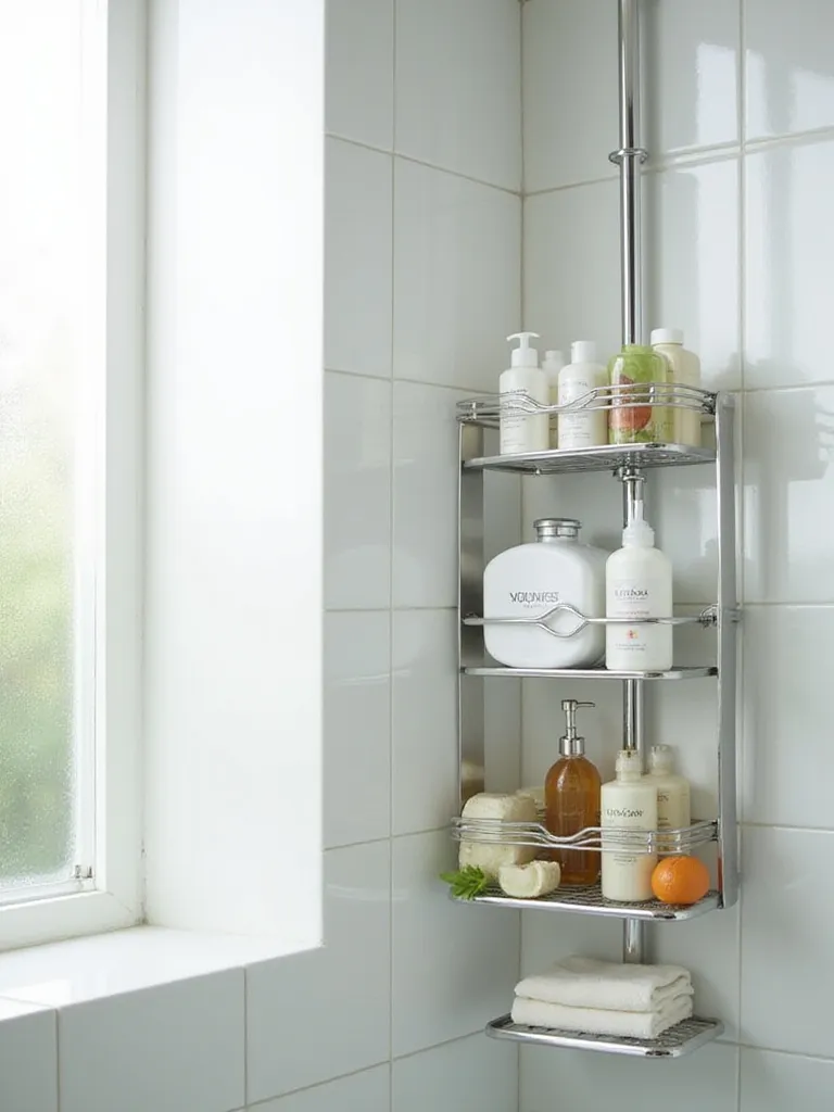 Multi-tier caddy in a shower, organized with bath essentials.